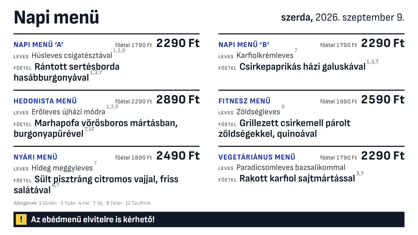 Napi menü a TV-n, Nagybetűs designnal: hat menüsor levessel, főétellel és két árral