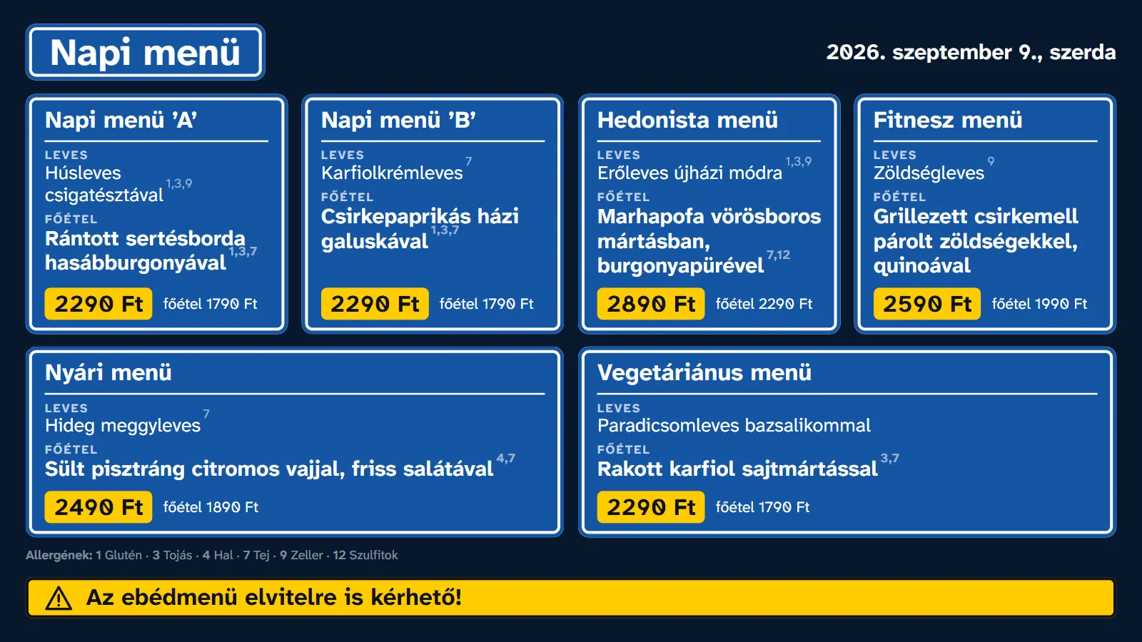 Ugyanez a napi menü Útirány-tábla designnal: zöld táblák sárga árcímkékkel